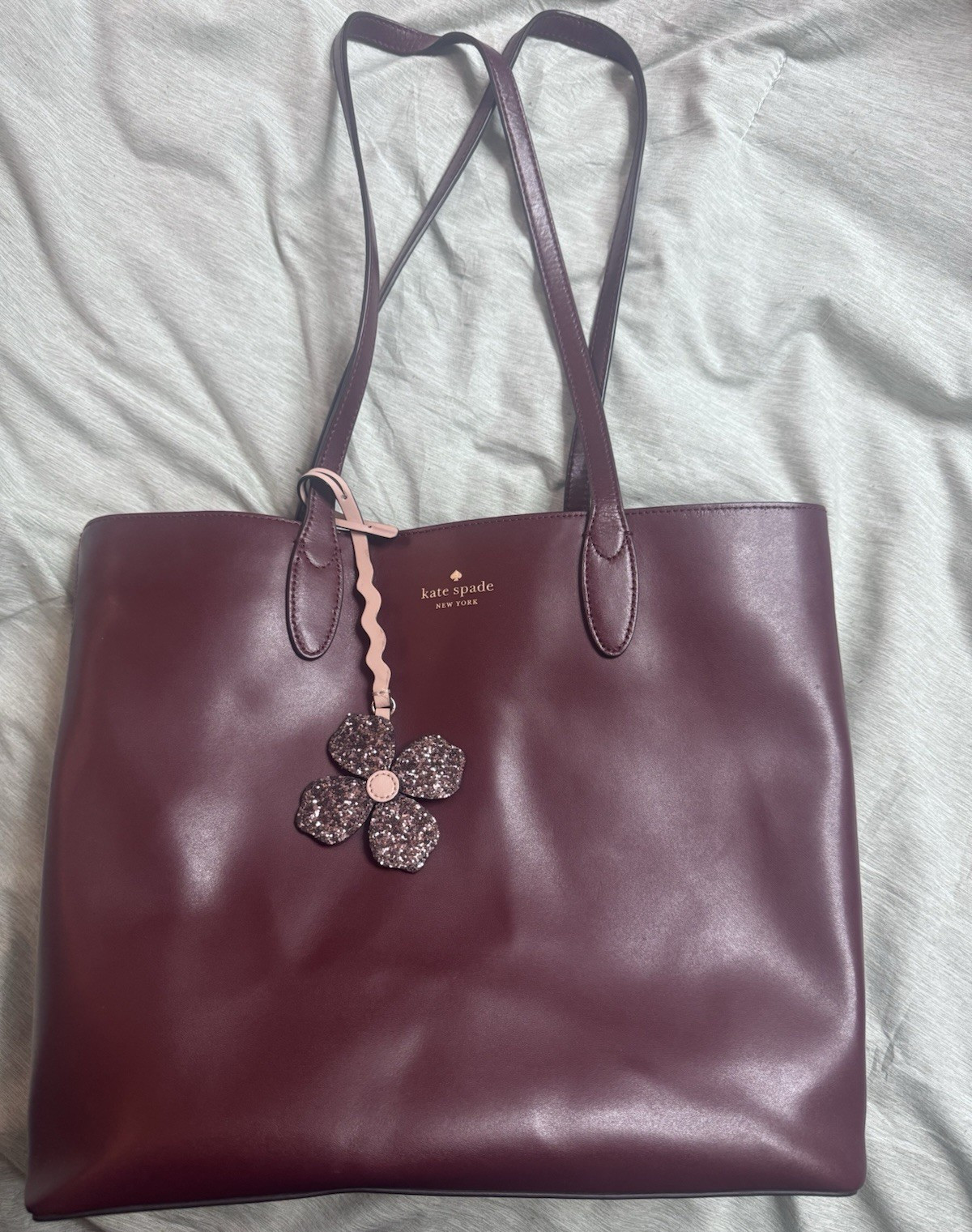 Kate Spade New York Burgundy Tote Shoulder Bag Glitter Flower Charm Lined