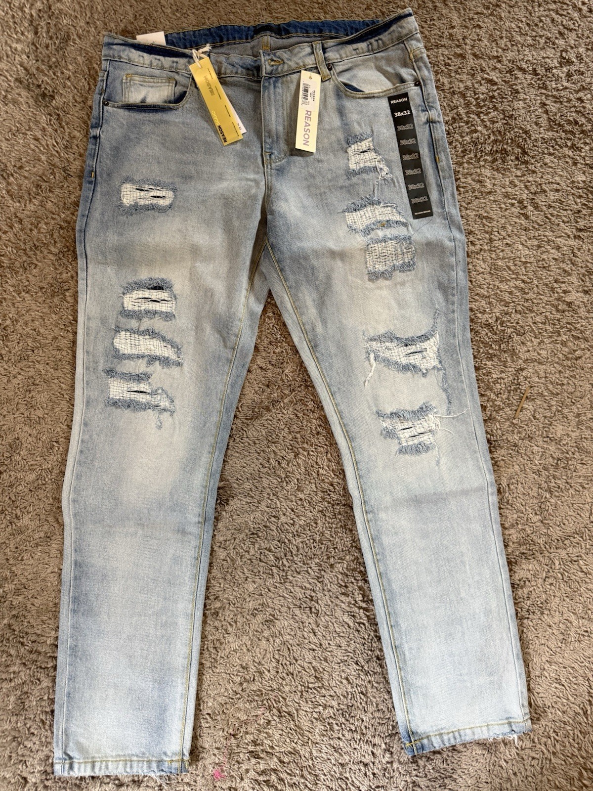 REASON Men’s Light Wash Distressed Skinny Slim Fit Denim Jeans Blue