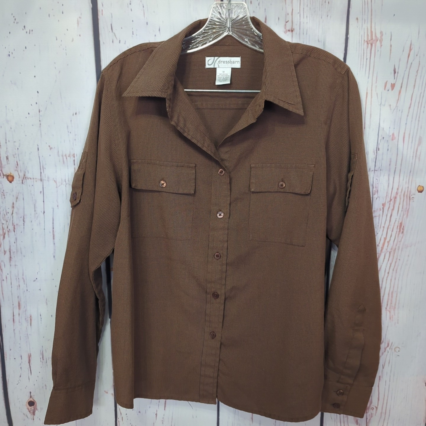 Dress Barn Collared Top Size M Brown Padded Shoulders Button Up EUC! [PT20]