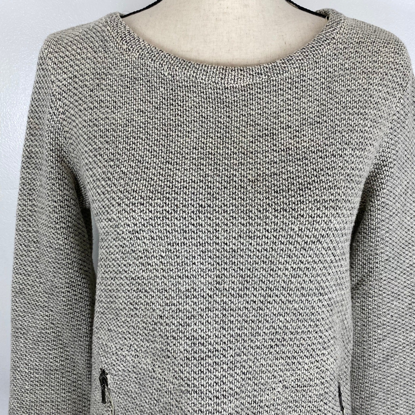 Kenar Scoopneck Pocket Sweater Cream Black Marled Hi Low Womens Sz Medium