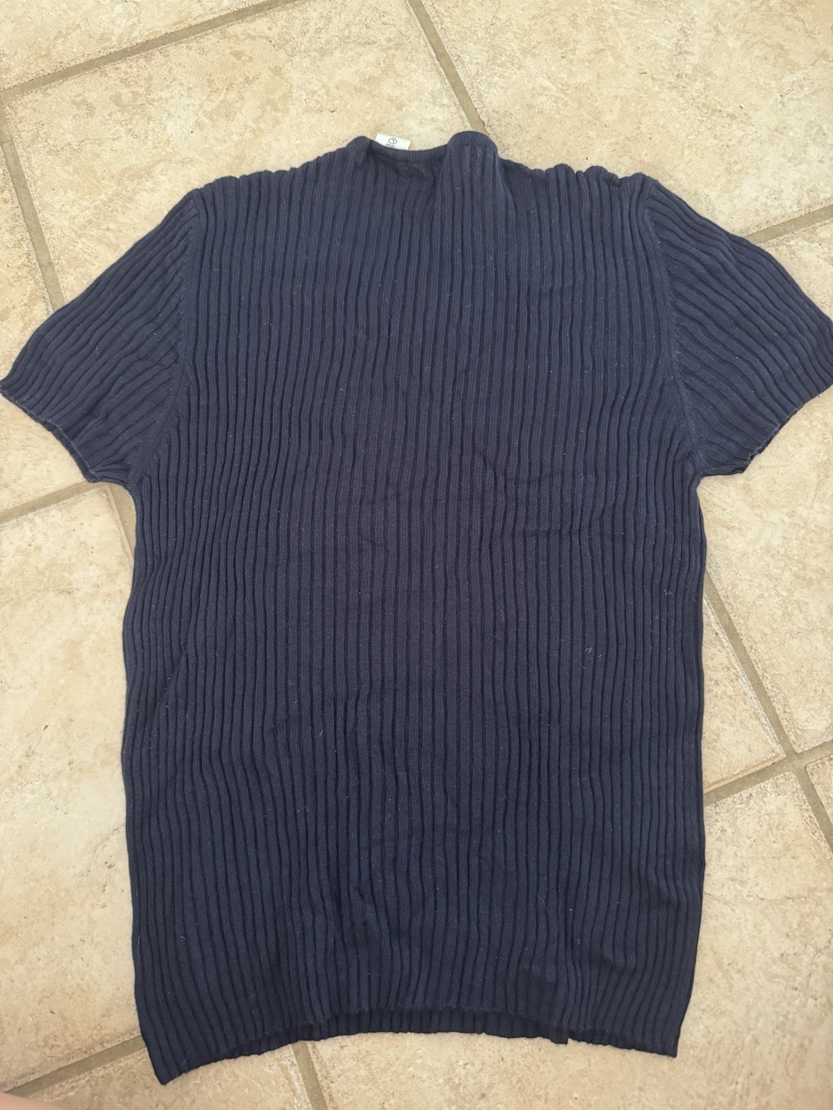 TSE Size L Navy Blue Cashmere Silk Short Sleeve Ribbed Pullover Shirt
