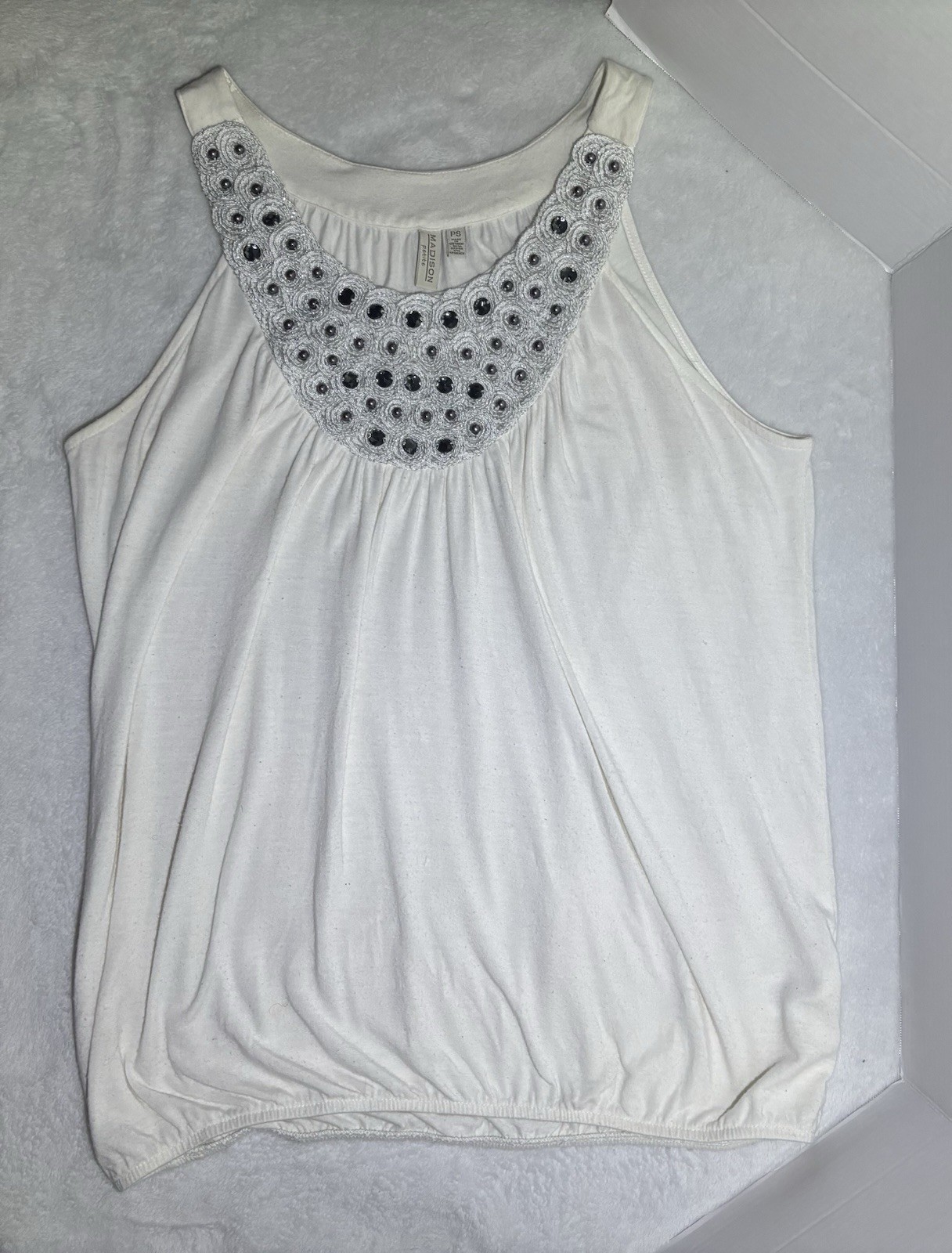Madison Petite White Tank Top Embellished Silver Beads & Gray Stones Neckline