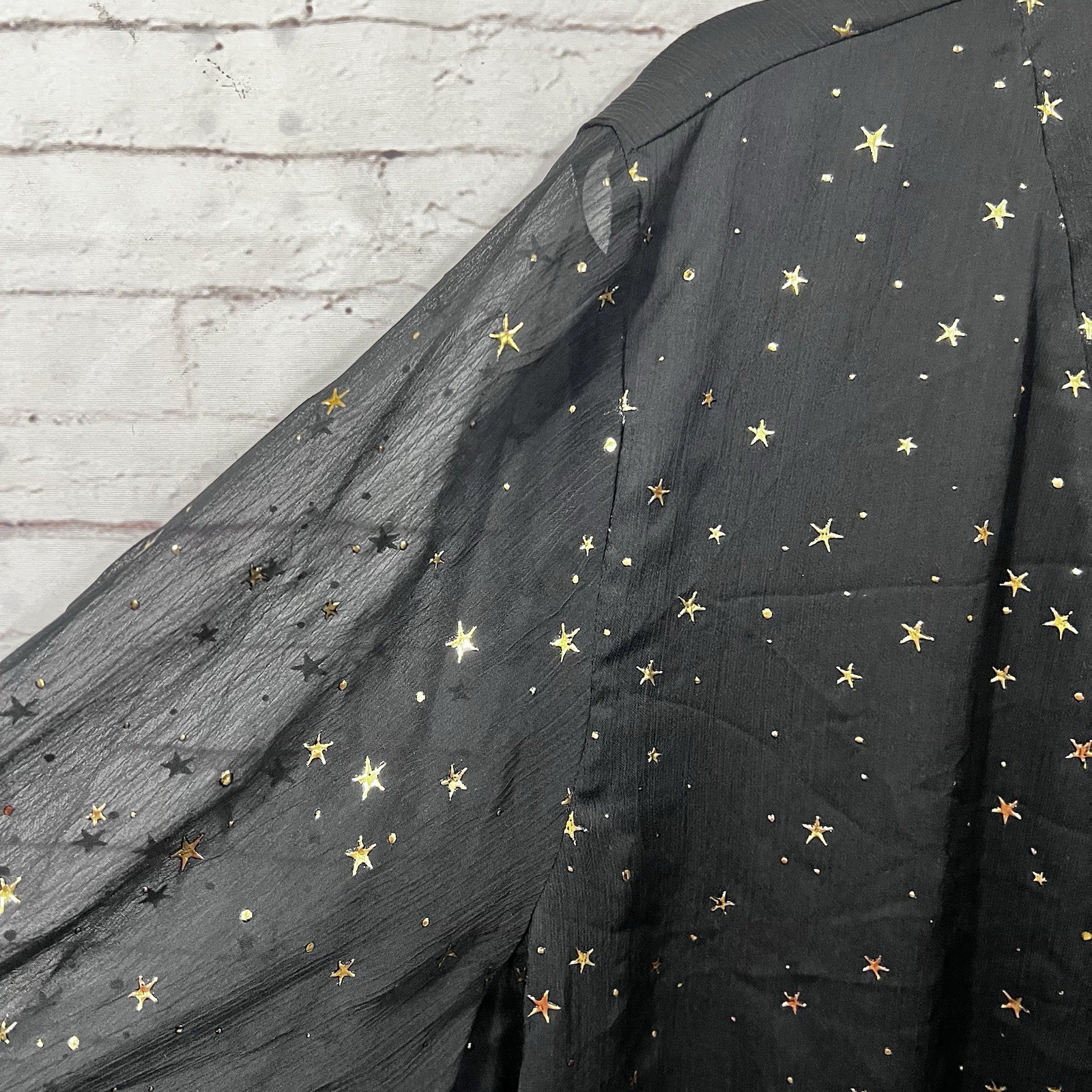Entro Plus Size 1X NWat Blouse Black Gold Celestial Stars Sheer Long Sleeve
