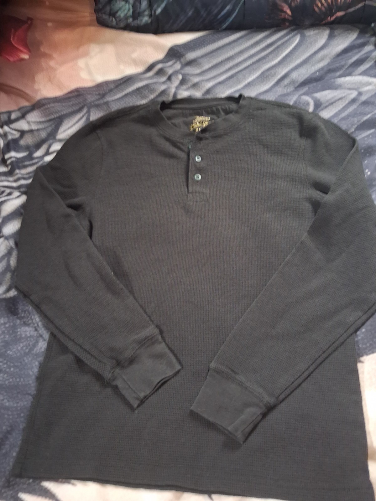Faded Glory~Mens Black,Cotton Blend,Waffle Knit,Thermal Henley Size Medium