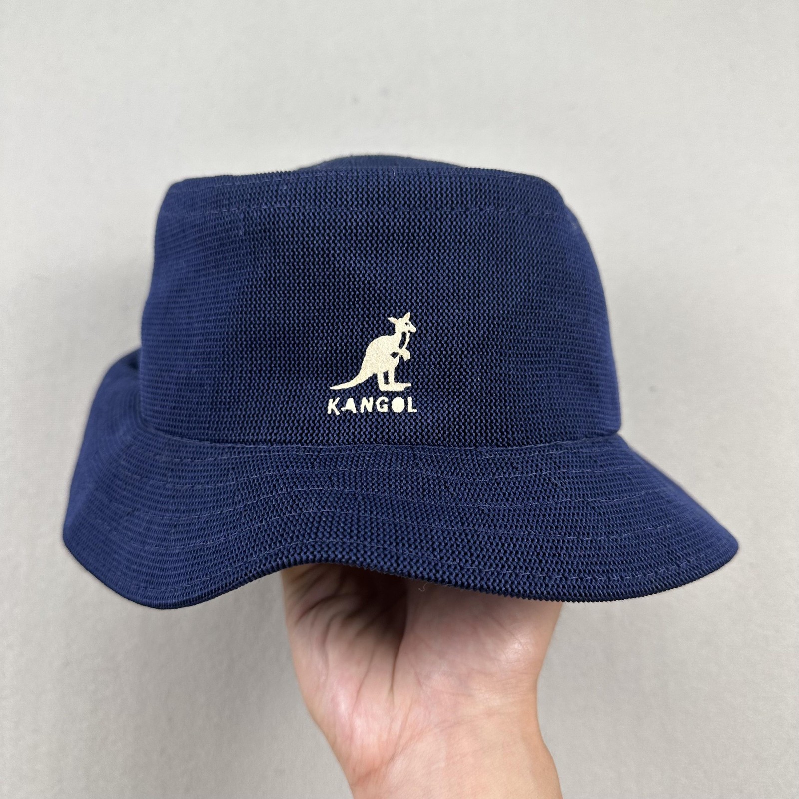 Vintage Kangol Bucket Hat Cap 7-1/8 Navy Blue Tropic Kangaroo Logo Woven 90s