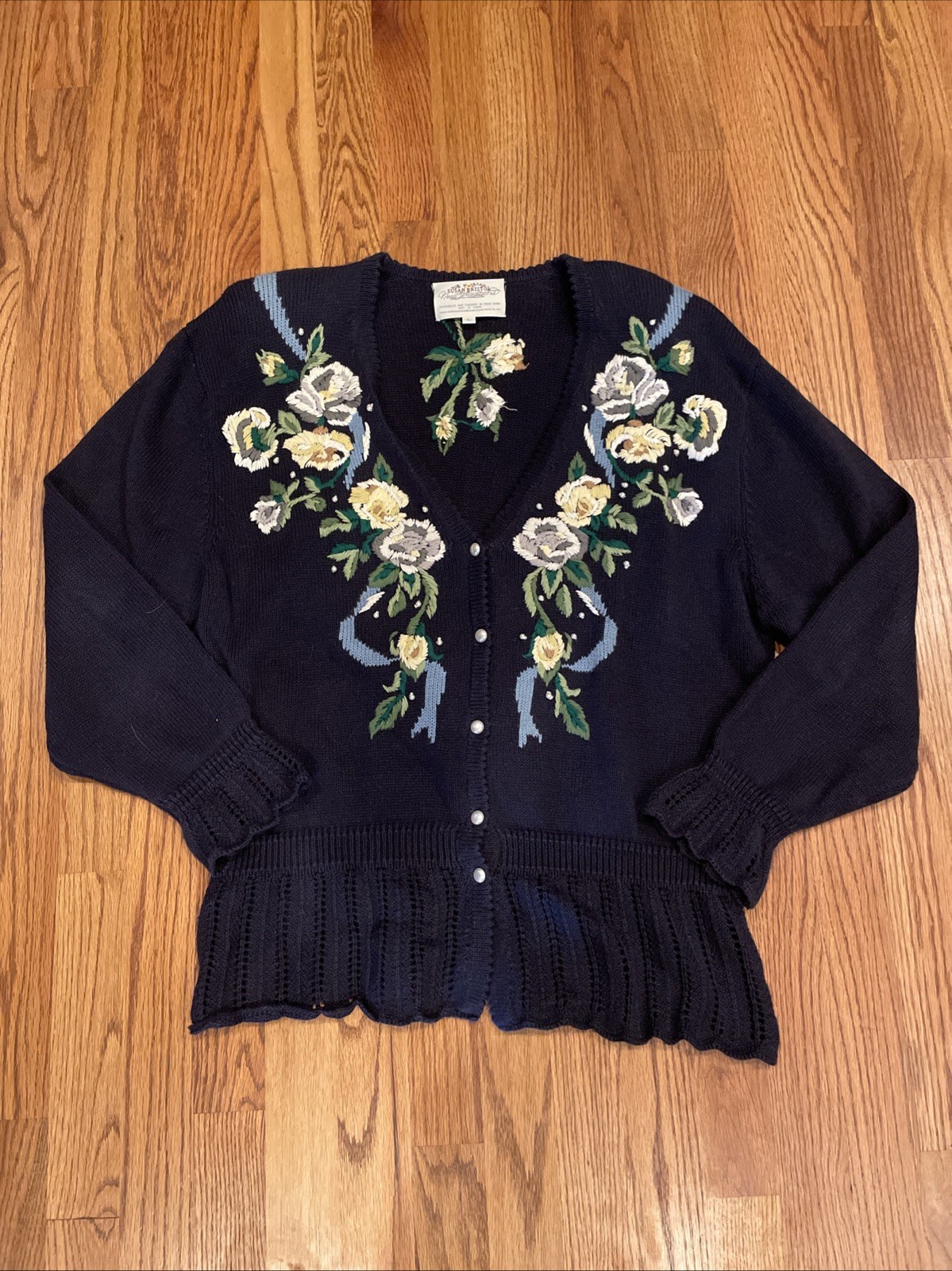 Vintage 90s Susan Bristol Women’s Woven Cardigan Floral Embroidered Black Large