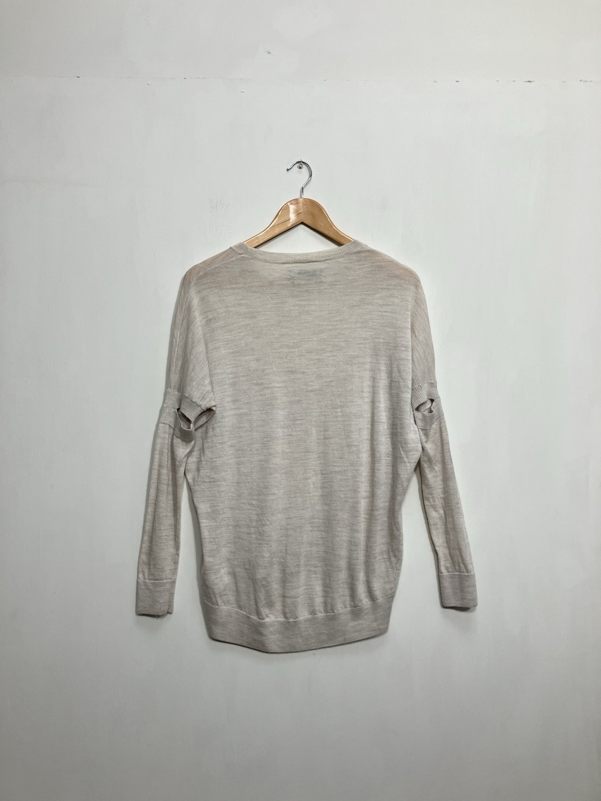 All Saints 100% Merino Wool Jumper Womens Size Small Beige Thin Knit Open Elbow