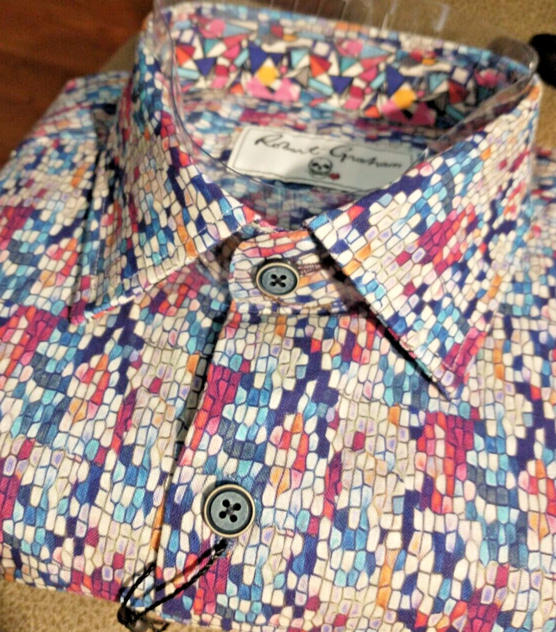 NWT Robert Graham men’s Size L Short Sleeve Button Down Geo/Checks Jacq Clas