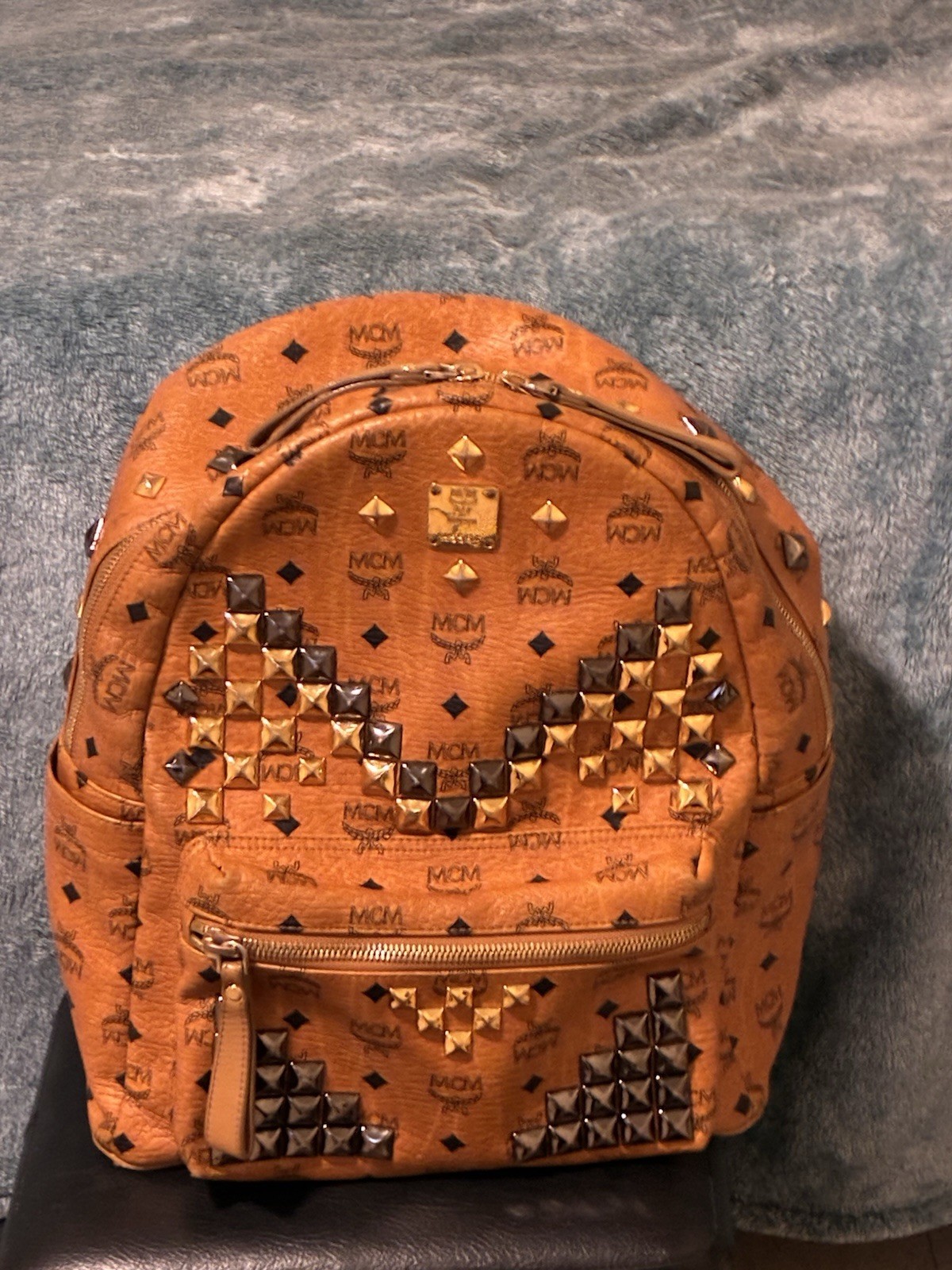 MCM Brown Logo Studded Zip Backpack Gold Hardware Women’s Designer Bag