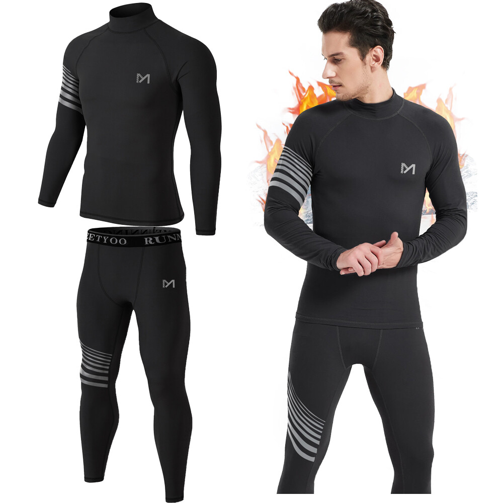 Mens Fleece Lined Thermal Long Johns Top Bottom Underwear Set Winter Turtleneck