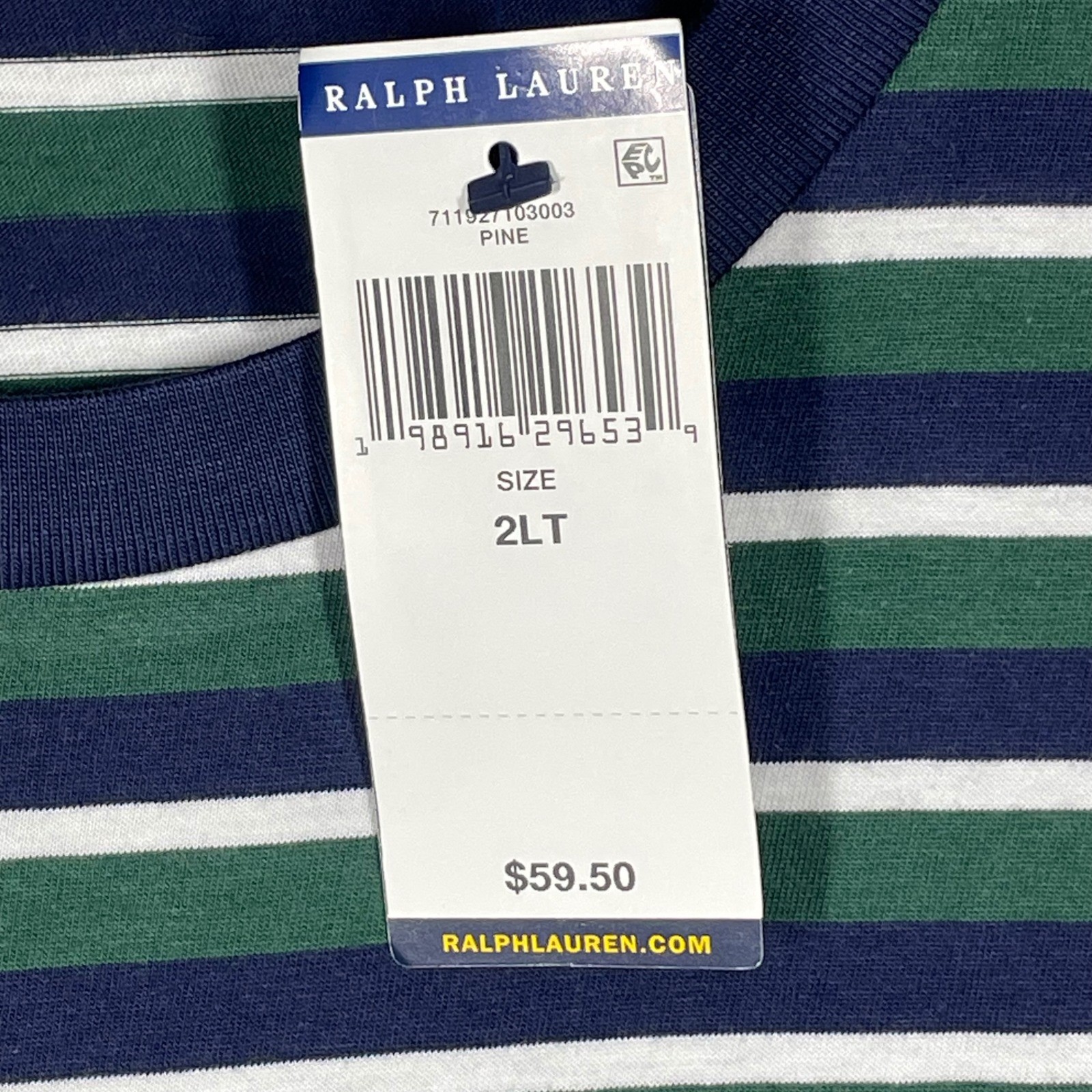Polo Ralph Lauren Mens Striped Crewneck T-Shirt Pine Green Navy Blue 2LT NWT