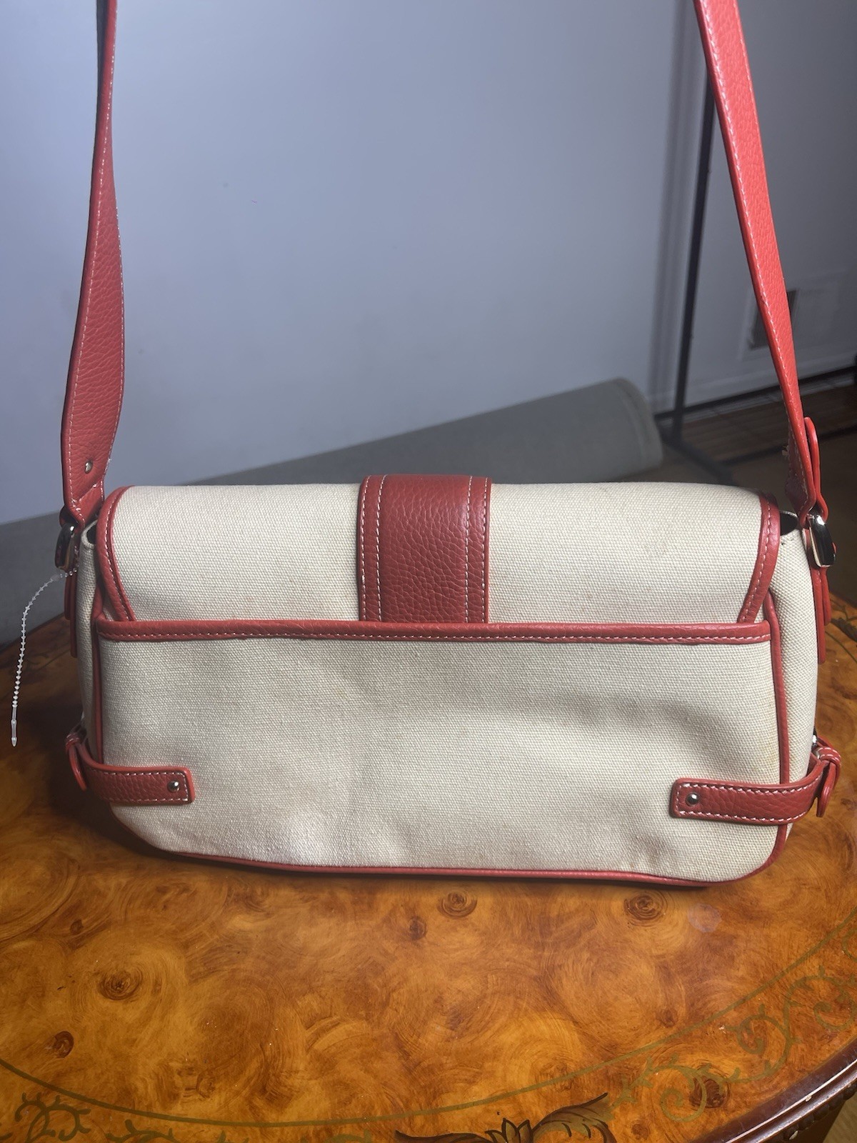 Tignanello Beige & Red Shoulder Bag, Buckle Accent, Magnetic Zip Closure