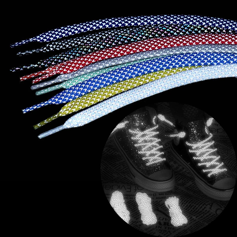 1Pair Flat Reflective Shoelaces For Sneakers Glow At Night Sport Running Luminou