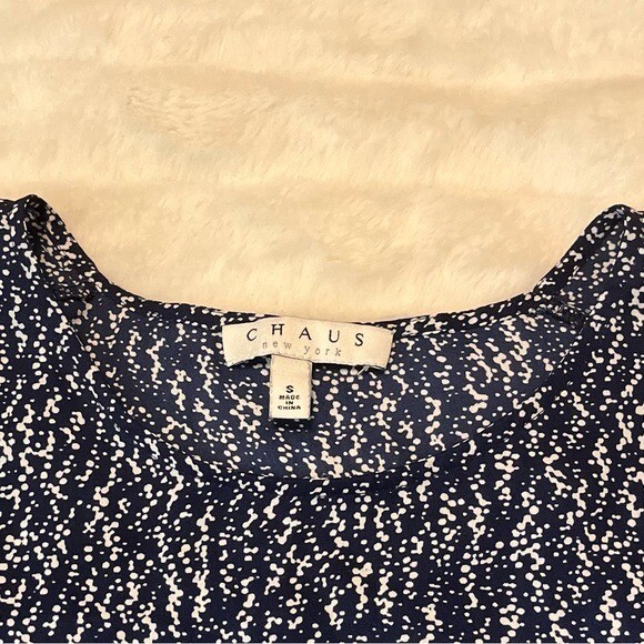 Chaus New York S Dark Blue White Abstract Print Preppy Teacher Office Blouse