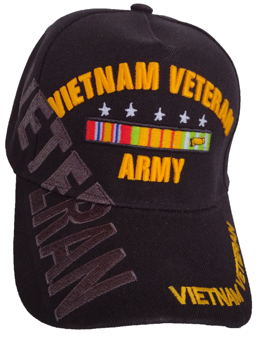 U.S. Army Vietnam Veteran, ribbons, Vietnam Veteran on bill, Black hat
