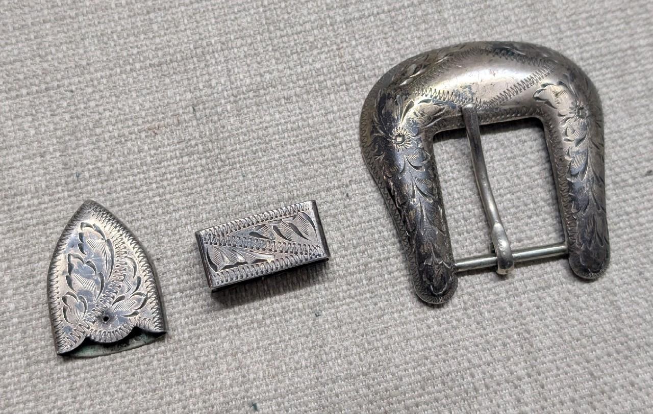 vintage STERLING SILVER belt buckle set 3PC cowboy WESTERN antique ENGRAVED