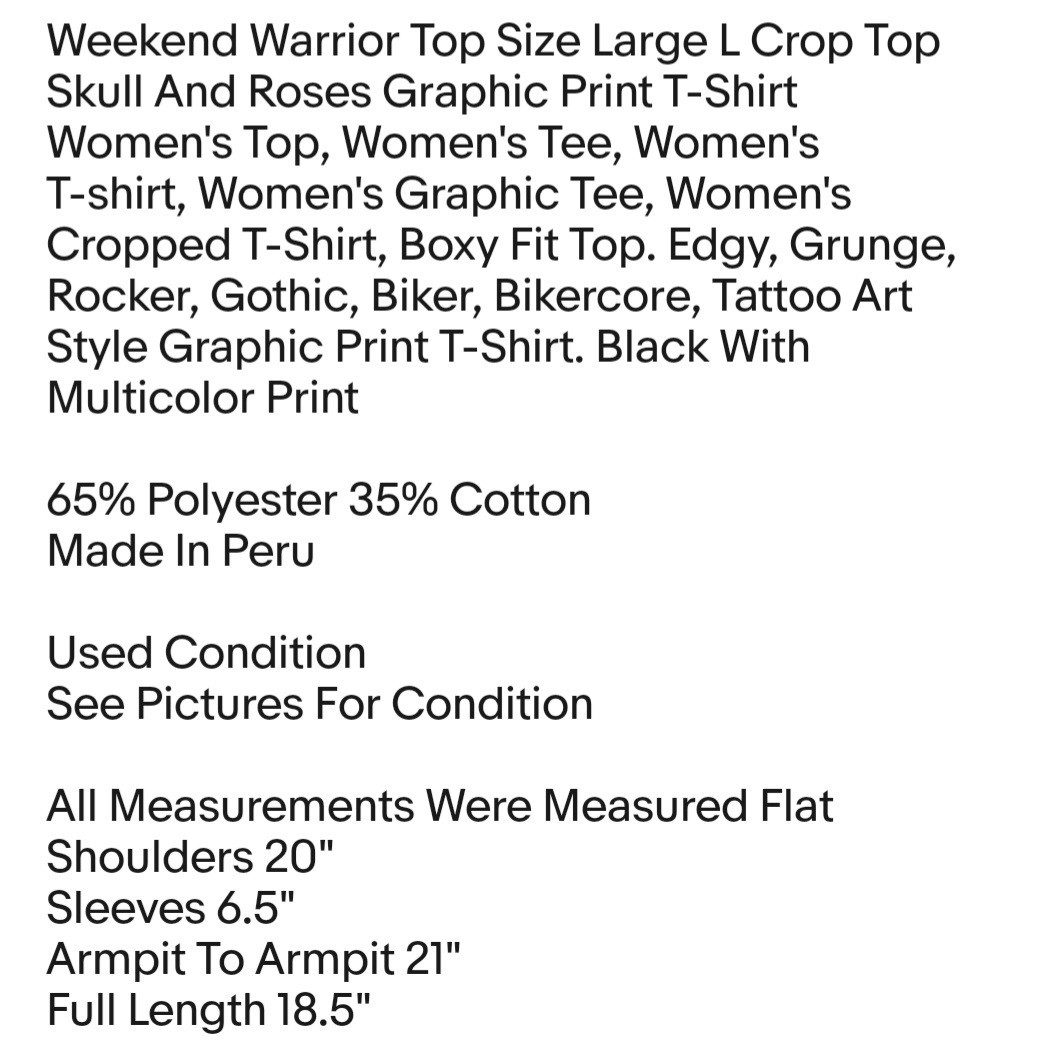 Weekend Warrior Top Size Large L Crop Top Skull And Roses Graphic Print T-Shirt