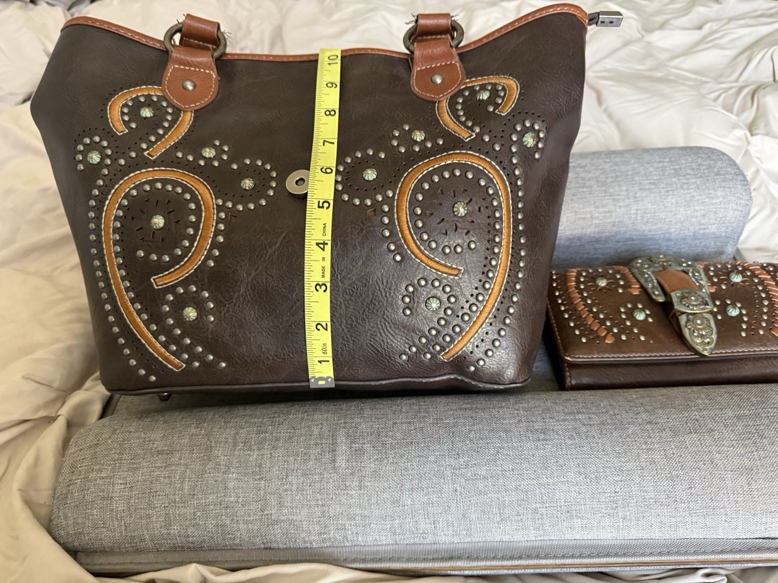 Women’s Western Brown Studded Tote Handbag w/ Matching Wallet Zip Magnetic