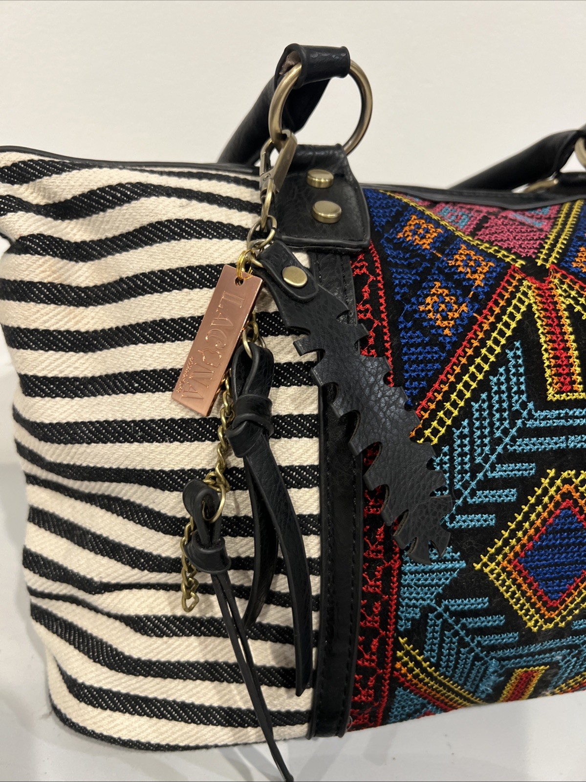 LACONA Aztec & Stripe Boho Tassel Leaf Charm Embroidered Canvas Purse