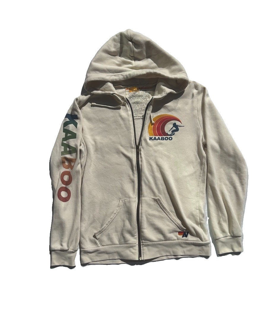 Aviator Nation Men’s Beige Full Zip Fleece Hoodie Graphic Logo Pockets