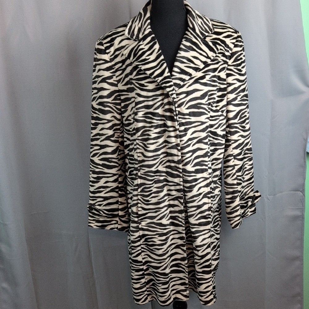 Zebra Print Long Trench Coat New LG Mob Wife Maximalists Funky Edgy Button Front