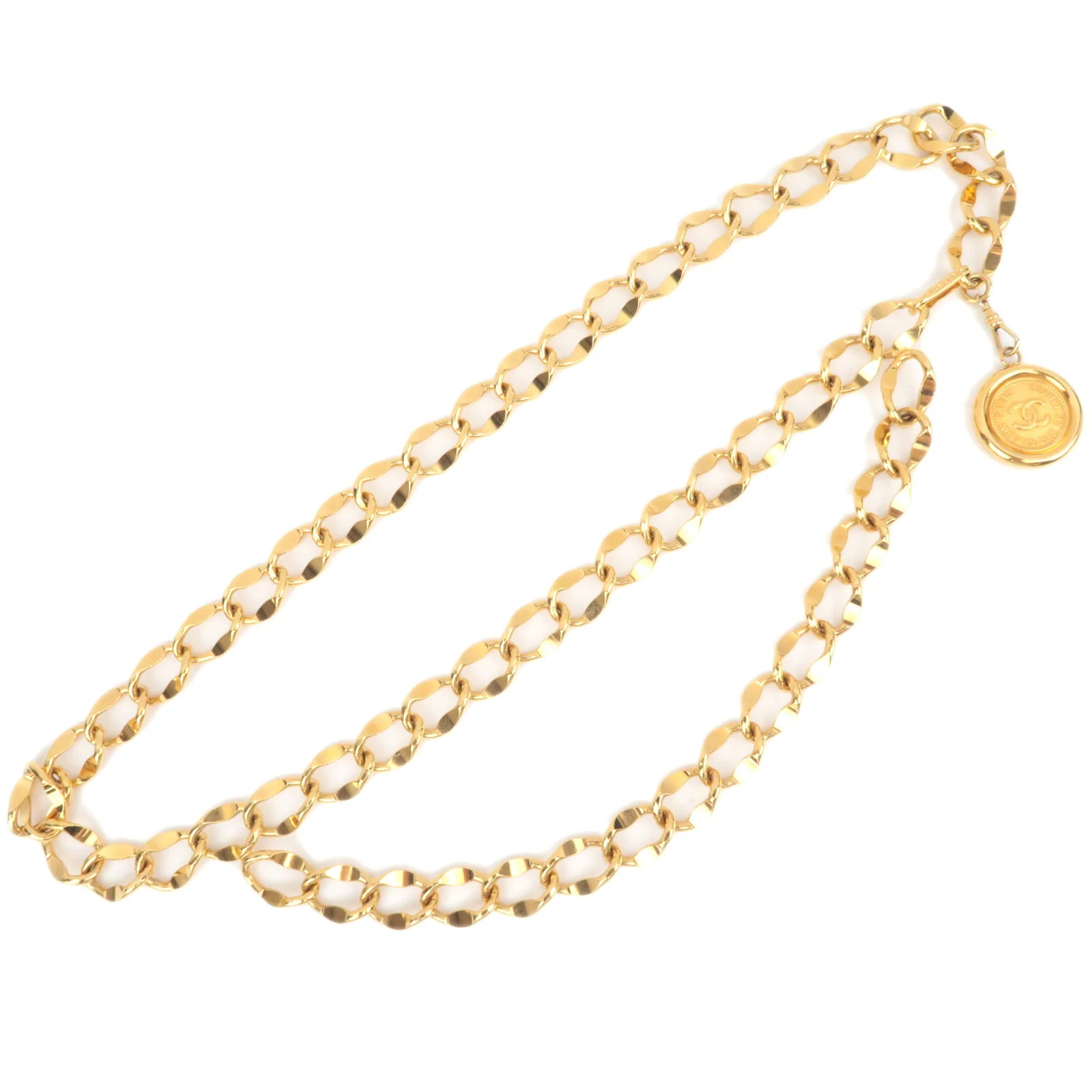 CHANEL Coin Charm Double Chain Belt Waist Around 75cm Gold Color Authentic