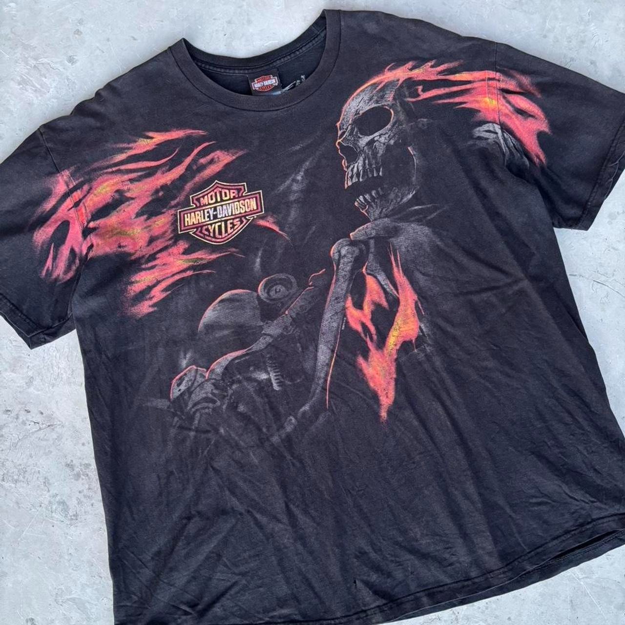 Y2K Harley Davidson Black Flame Skull AOP Waco Texas Biker T Shirt Mens Size XXL
