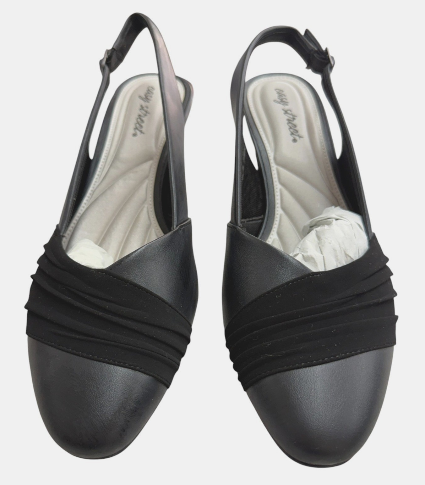 Easy Street Black Slingback Heels 11M With Ruched Toe Design & Low Block Heel NW