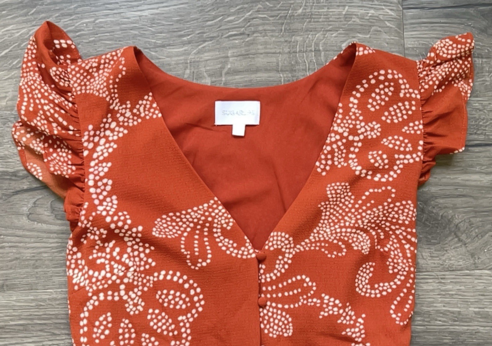 SugarLips Women’s Orange White Floral V-Neck Flutter Sleeve Smocked Maxi M