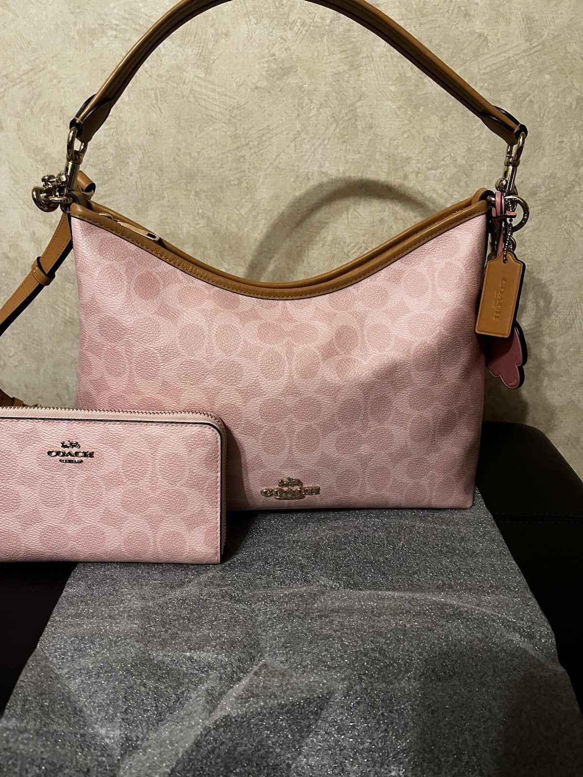 Coach Powder Pink Signature Logo Shoulder Bag w/ Charm &Coach Powder Pink Wallet
