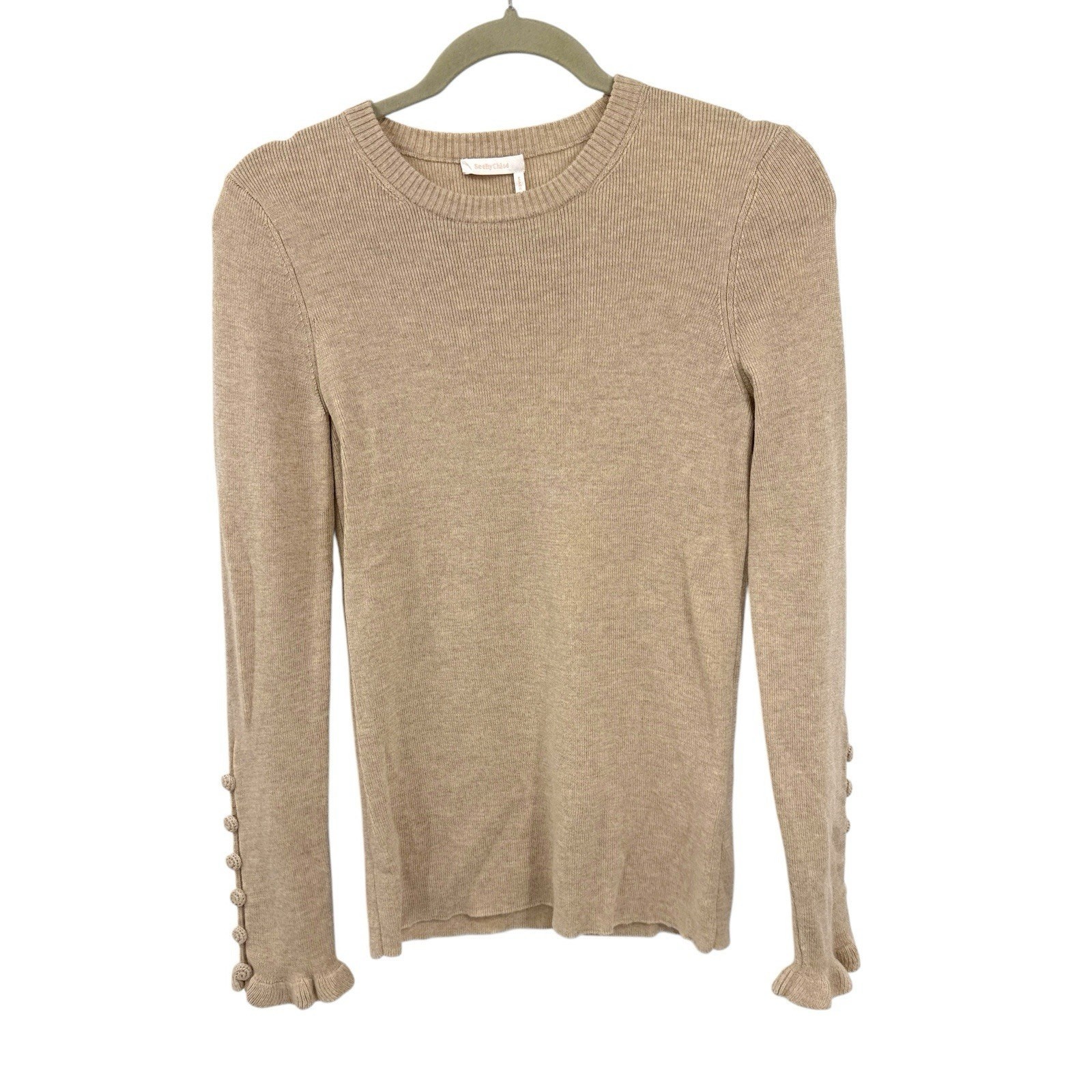 See By Chloe Button Sleeve Sweater Dark Taupe Wool Large Crewneck Pullover