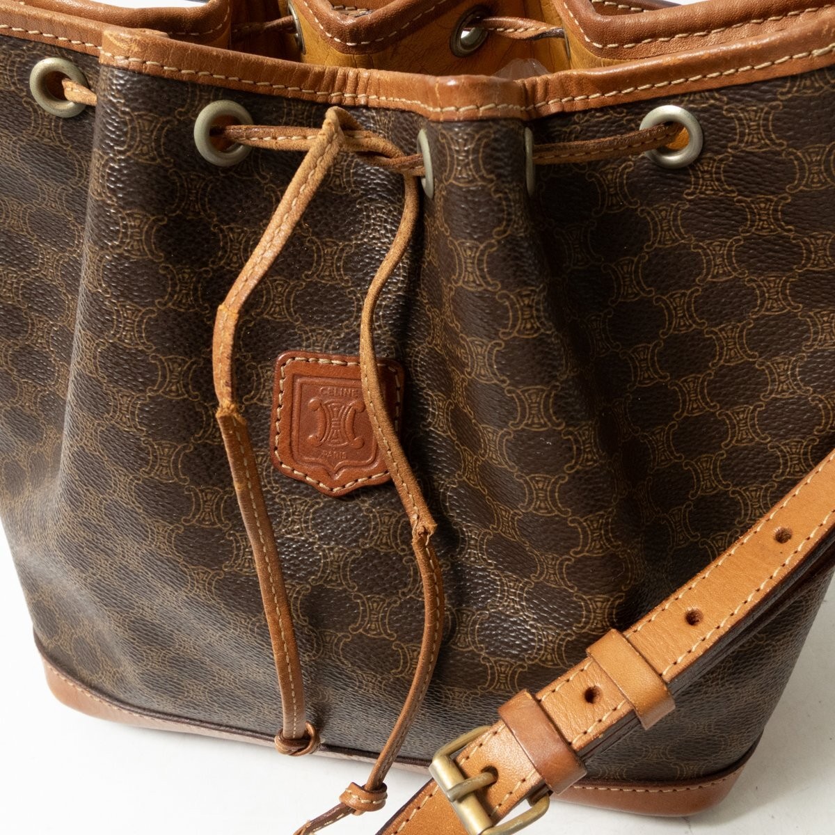 Celine Macadam Drawstring Shoulder Bag | PVC & Leather Crossbody | Dark Brown |