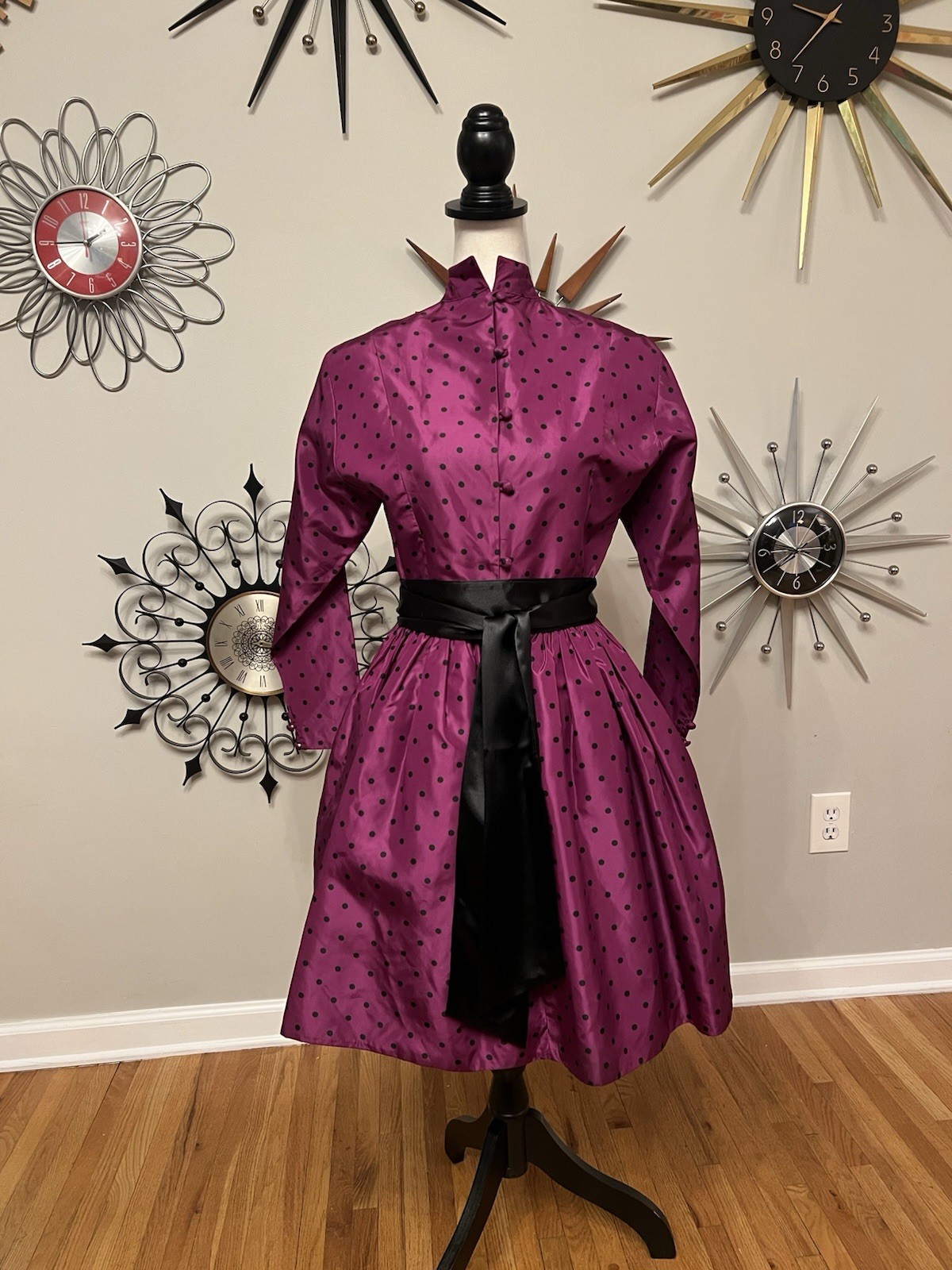 VTG 80s Willi Smith WilliWear 6 Taffeta Dress Purple Black Polkadots Pouf Skirt