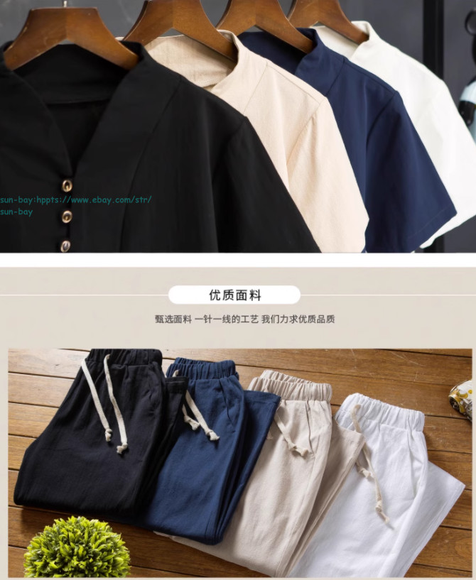 Summer Men 2pc Cotton Linen Walking Suit Outfits Slim Fit Casual Shirt+ Pant Set