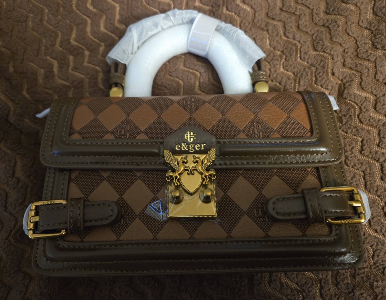 e&ger Brown Checkered Top Handle Bag Gold Hardware Buckle Accent Small