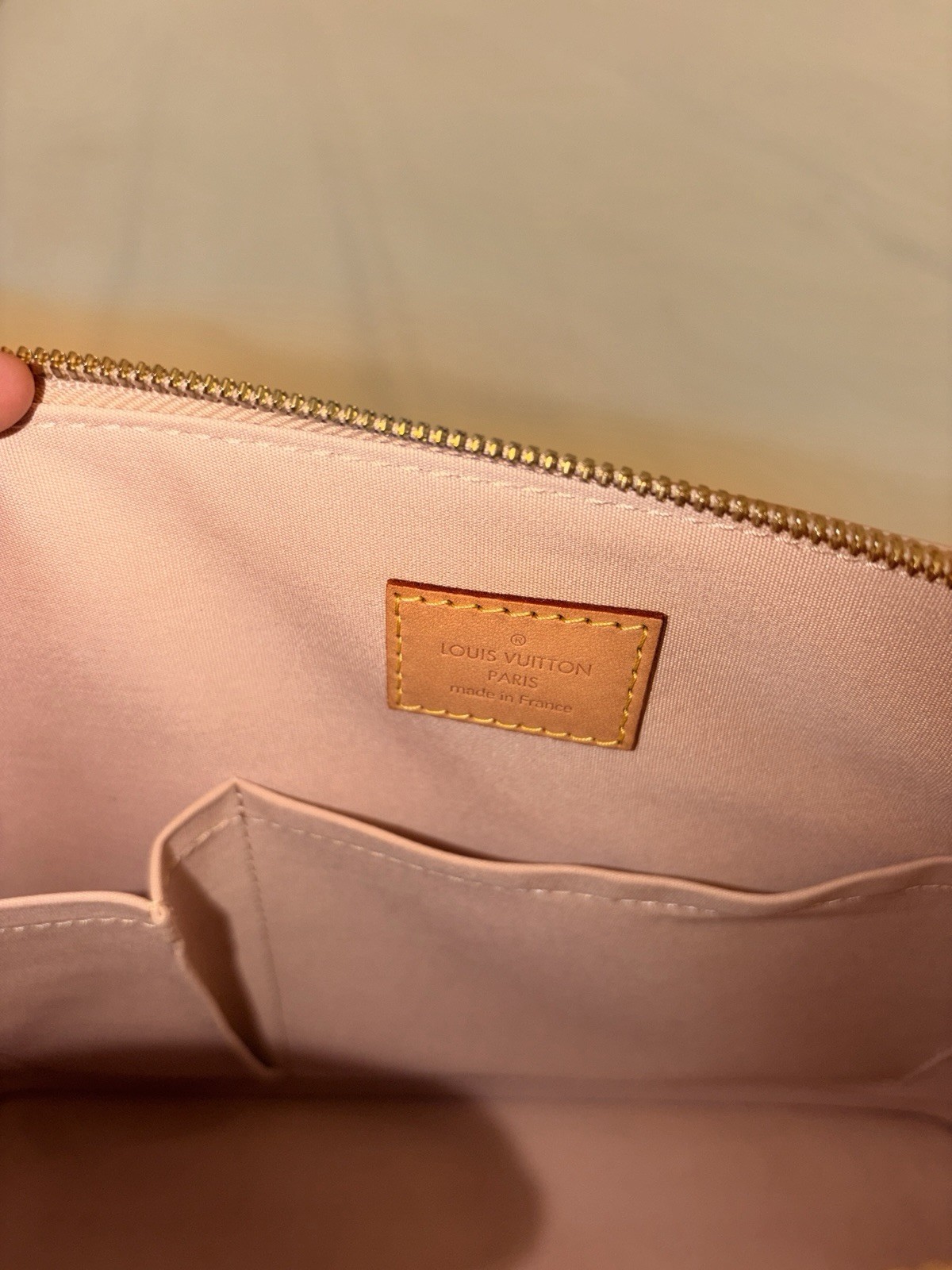 Louis Vuitton Alma Monogram Vernis Patent Beige Zip Satchel Top Handle Gold