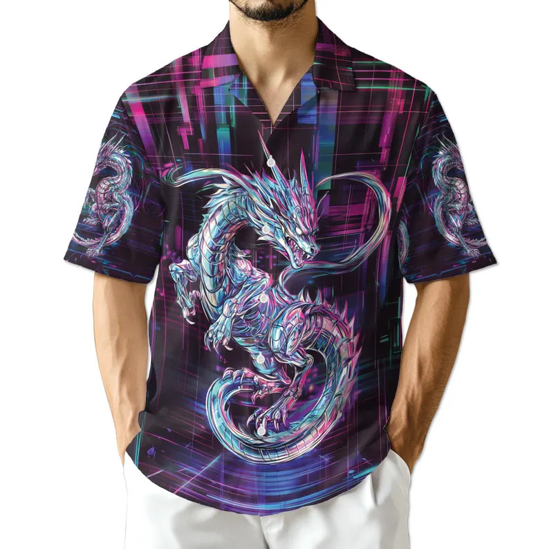 Cyberpunk Dragon Hawaiian Shirt Neon Mens SciFi Fantasy Aloha Beach Summer Art