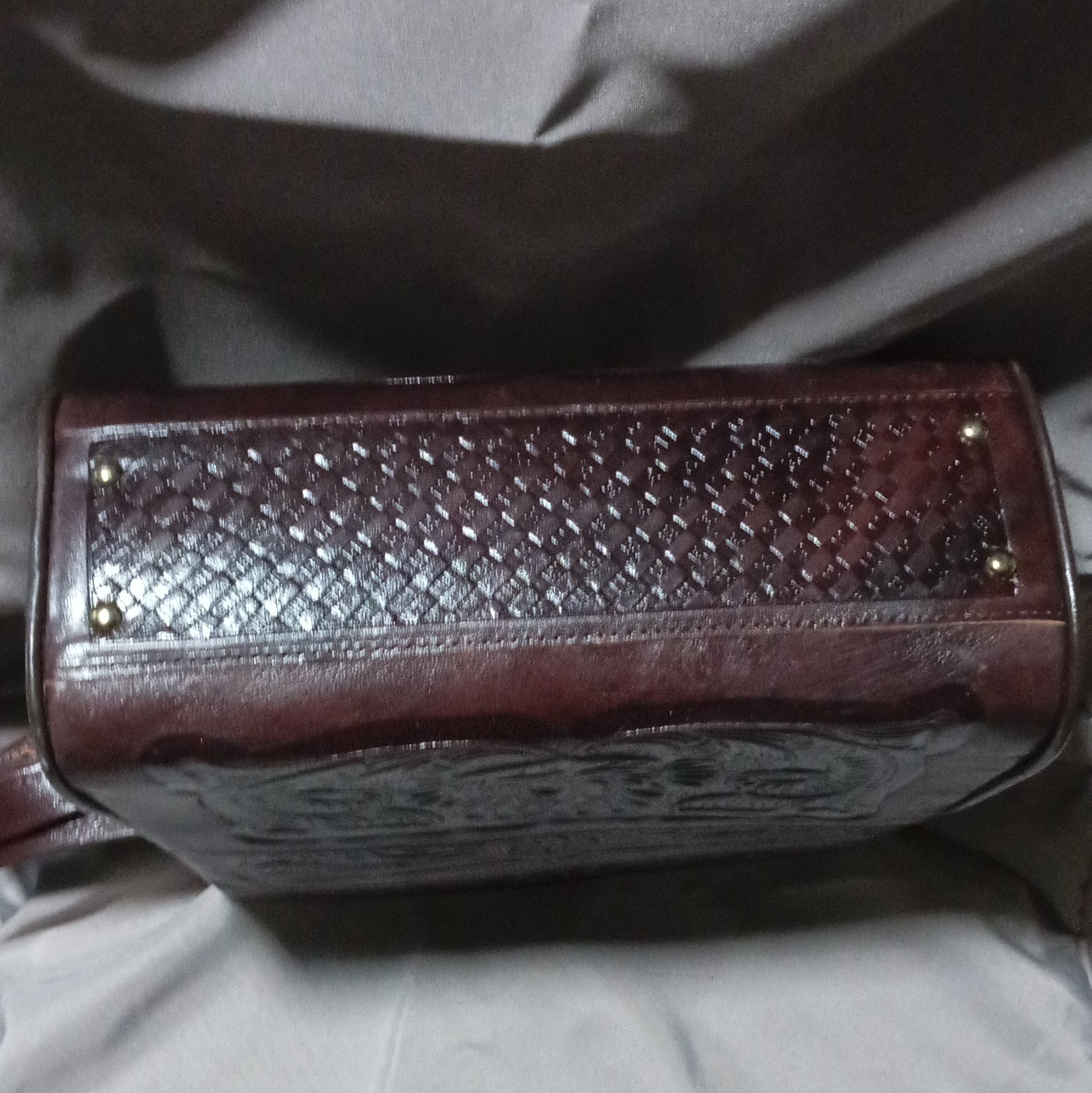 Brown Tooled Embossed Floral Shoulder Bag Zip Top Multi-Compartment Studs