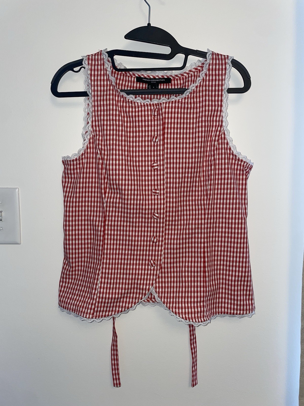 French Connection Red/White Gingham Cotton Lace Tie-Back Tank Top S
