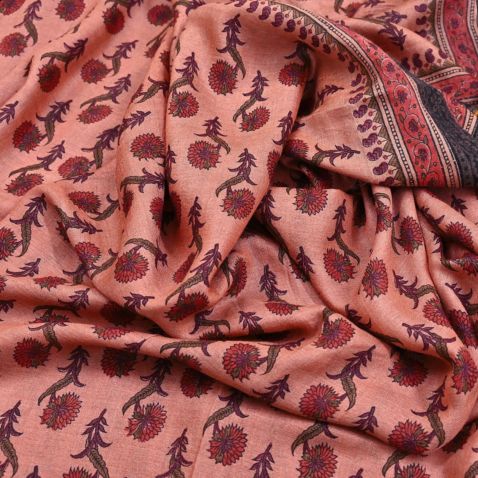 Vintage Peach Wool Saree Indian Pure Woolen Woven Floral Fabric 6Yard Soft Warm