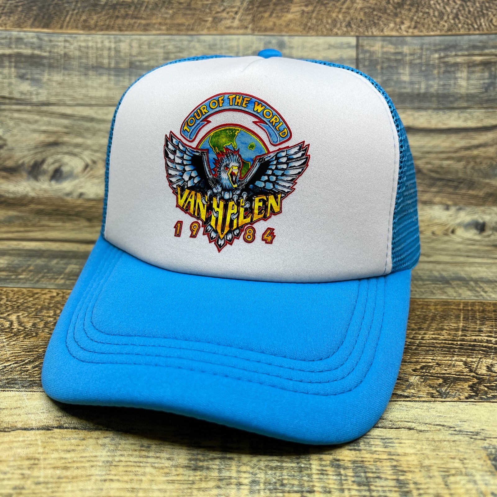Van Halen 1984 Tour Of The World Mens Trucker Hat Blue Snapback Rock Ball Cap