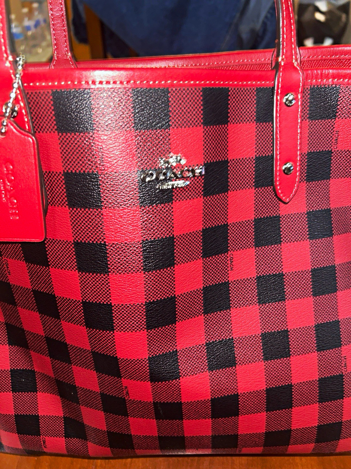 Coach Large Plaid Tote Bag Red/Black Zip Closure Gold Hardware Inner Pockets