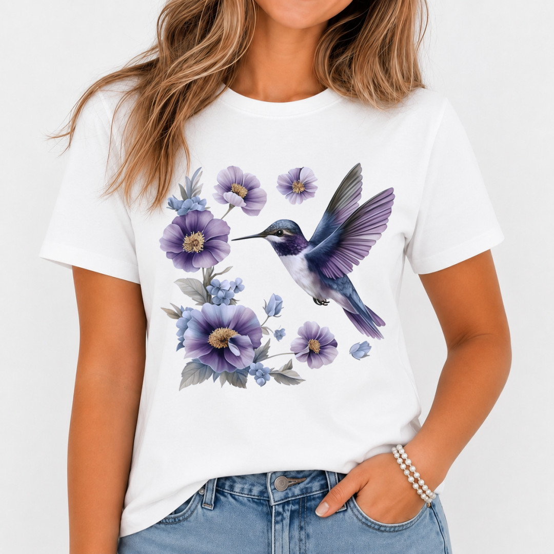 Hummingbird Floral Graphic Women’s T-Shirt Purple Flower Bird Nature Casual Tee