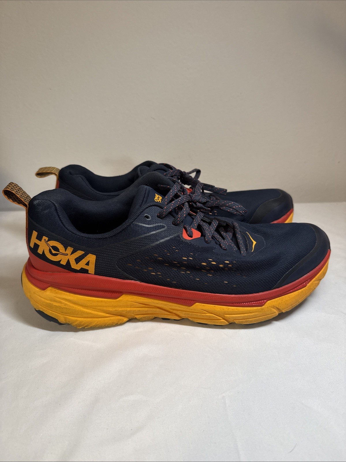 Hoka One One Challenger ATR 6 Mens 11.5 D Navy Blue Orange Red Athletic Shoes