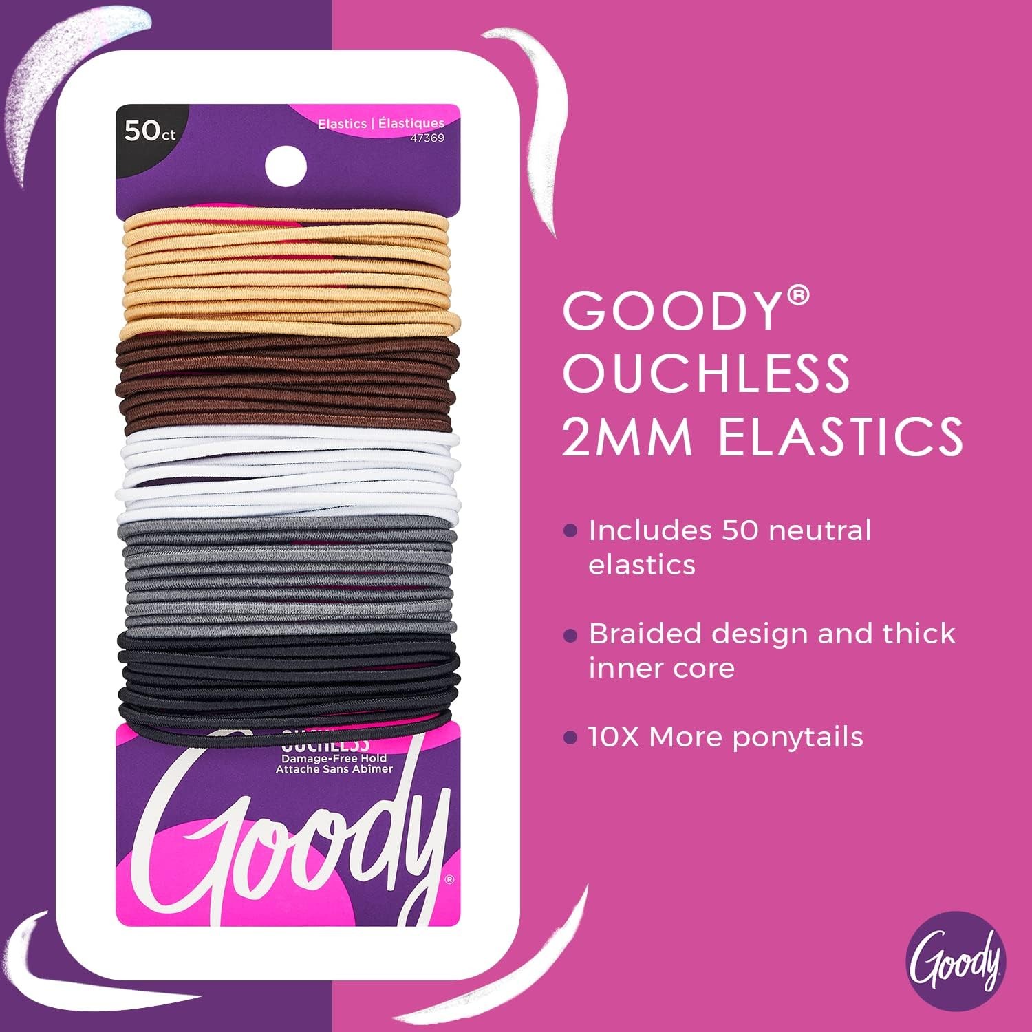 Goody Ouchless Elastic Hair Ties – 50 Ct, Assorted Neutrals, 2MM Rubber Bands