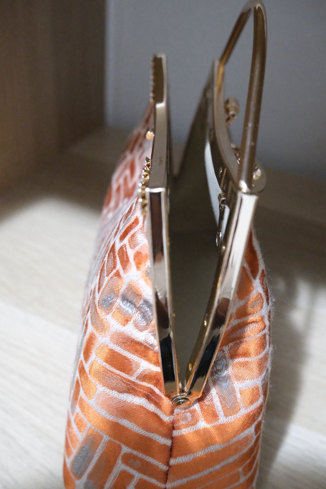 Elegant Handmade Evening Bag Gold Tone Chain Orange Pattern Handbag