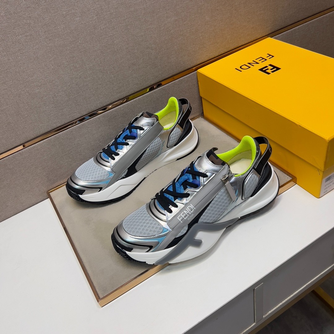 Fendi Faster Silver Metallic Mesh and Leather Sneakers Designer Shoes Size 42