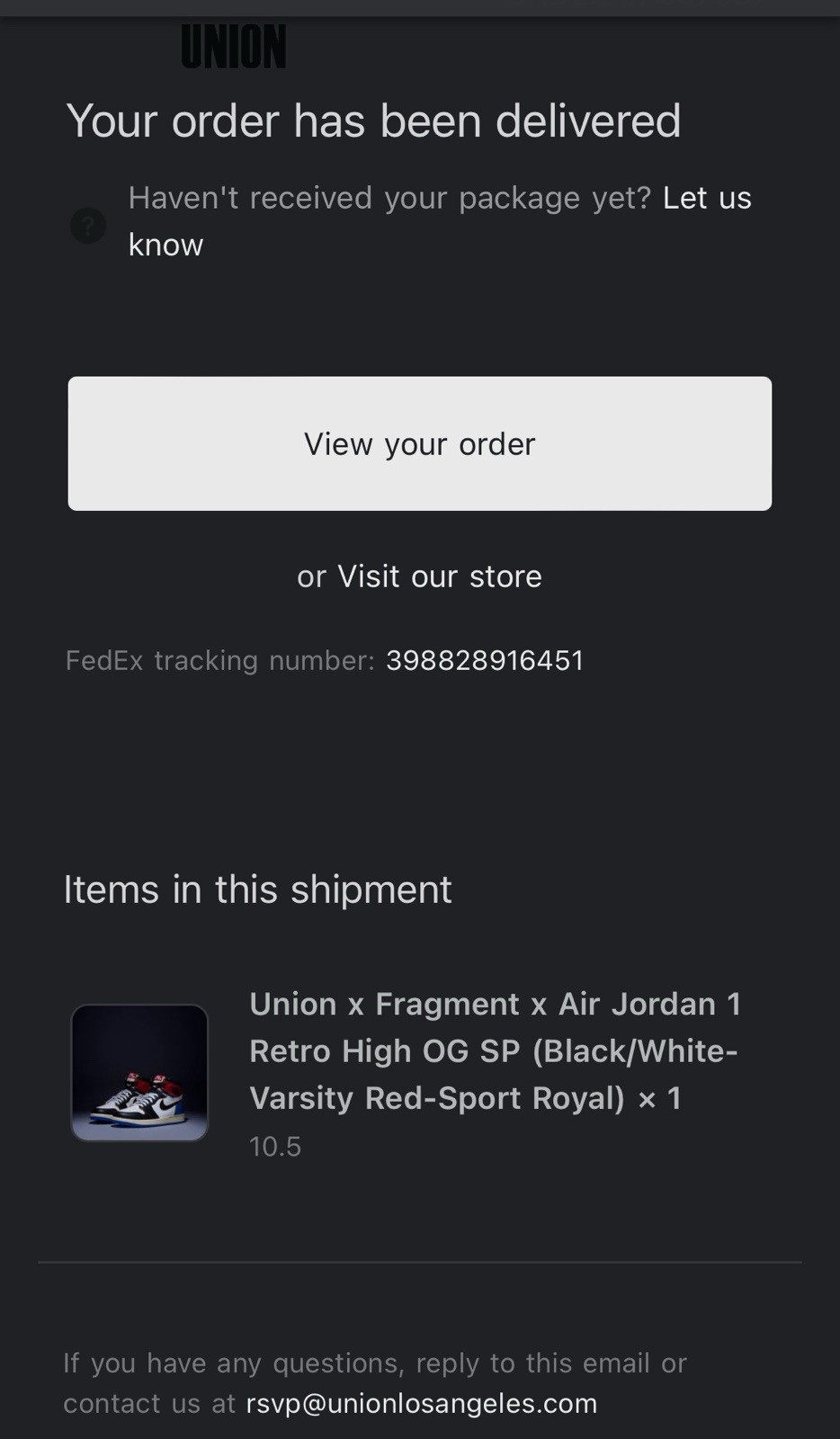 Air Jordan 1 High OG SP FRAGMENT × UNION LA VARSITY RED SPORT ROYAL Size 10.5