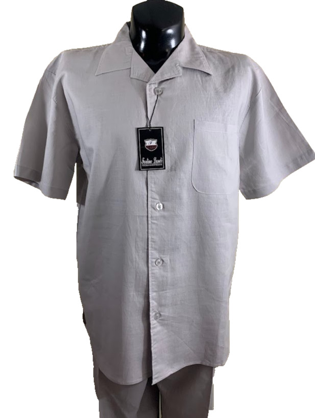 Fortino Landi Mens 2pc Walking Suit Linen Shirt Pleated Pants Set Large Gray 36