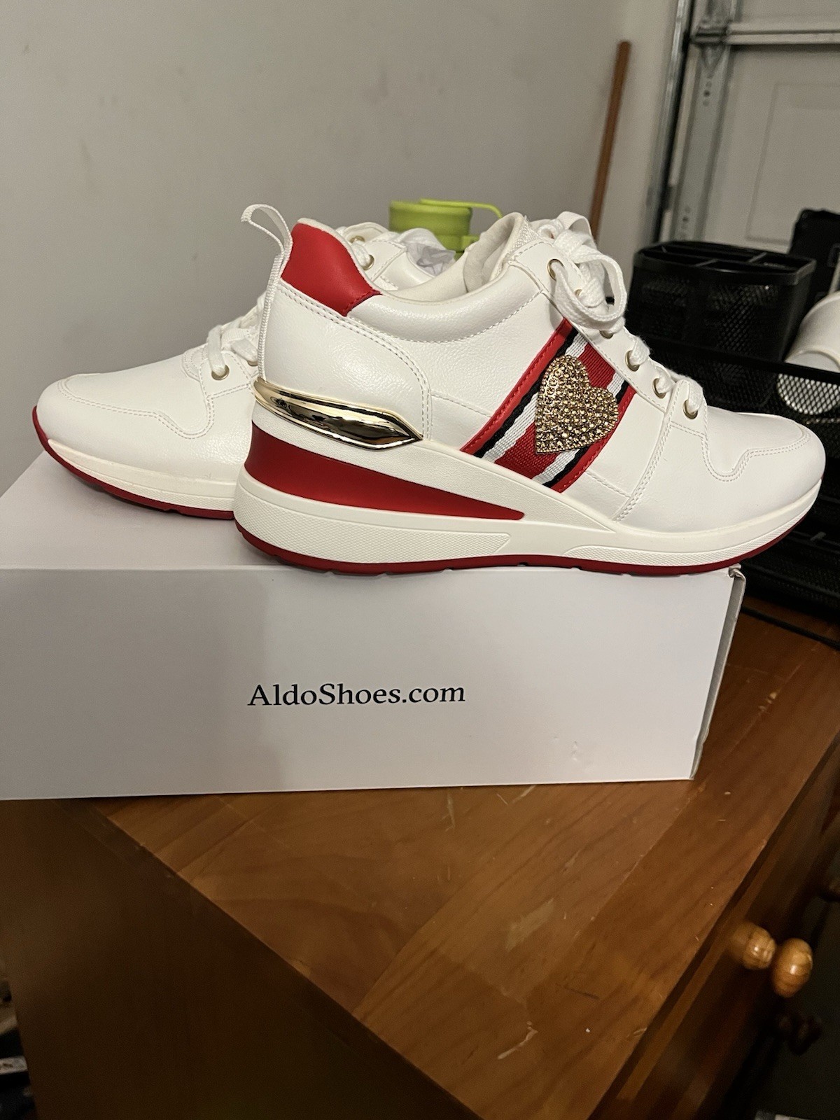 ALDO Women’s Low Top Lace-Up Sneakers White/Red Striped Rhinestone Heart